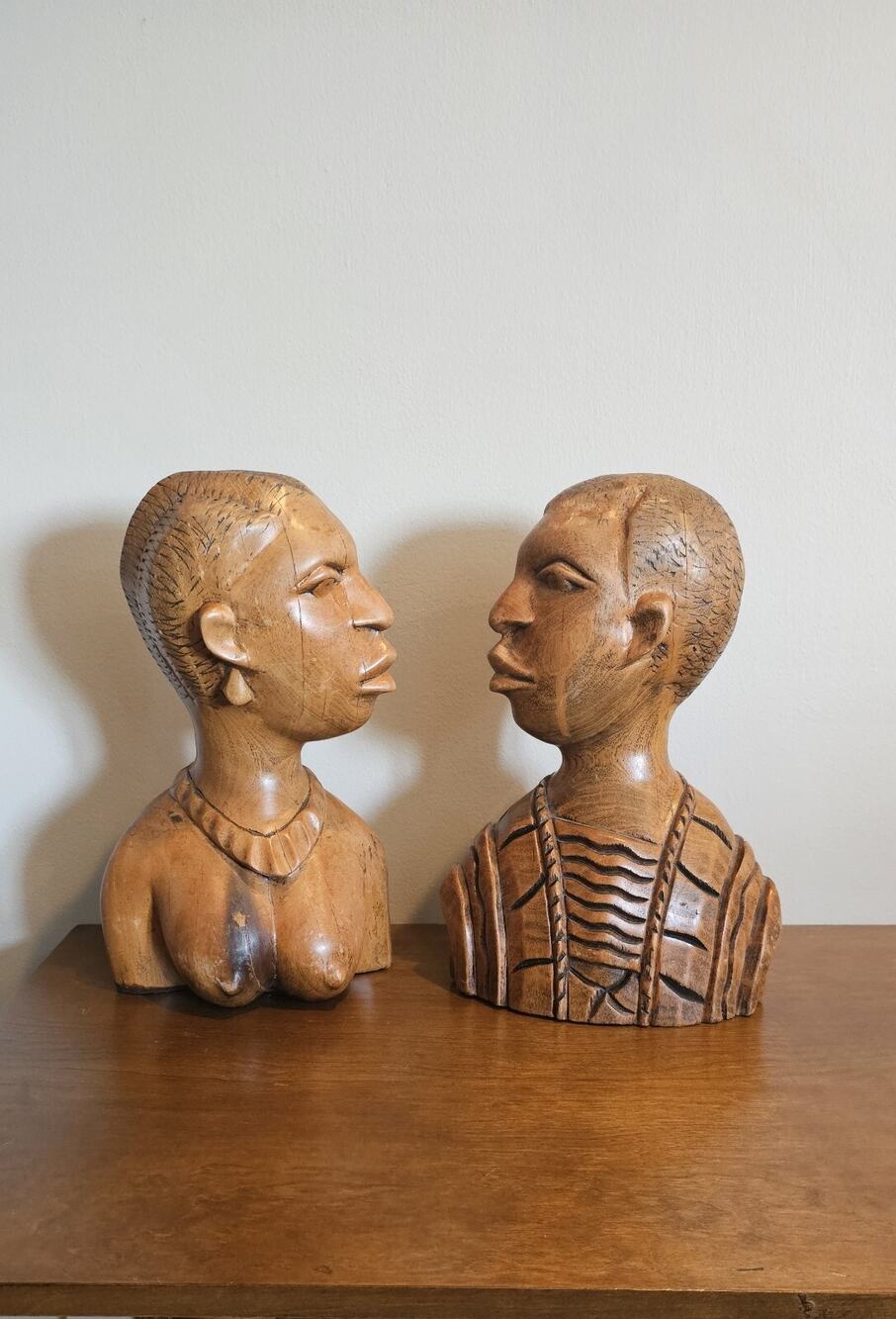 Vintage African Hand Carved Wooden Female & Male Head Statue Bust Set
